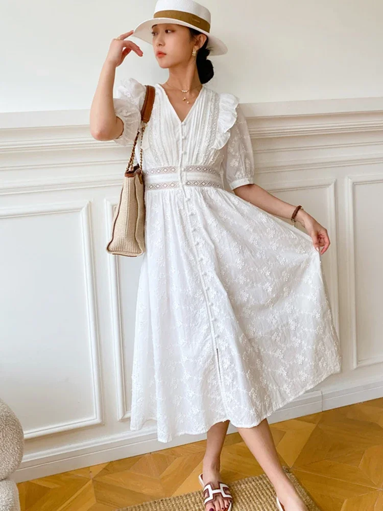 

GypsyLady Elegant Lace Chic Midi Dress Boho Vintage Cotton White Summer Hollow Out Holiday V-neck Women Ladies Dresses Vestidos