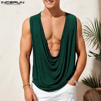 INCERUN 미국 스타일 스타일리시 남성용 민소매 조끼, 편안한 루즈한 탱크 탑, S-5XL, 파일 넥, 단색, 올매치, 캐주얼, 2024 