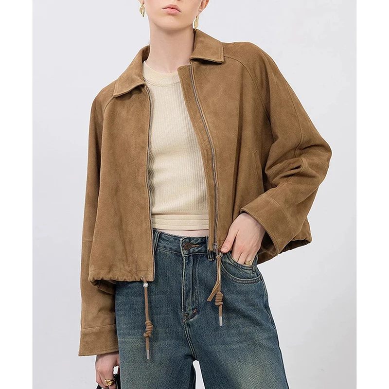 女性のスエードジャケット春秋スタイリッシュなラペル巾着カーキキッドスエードルーズカジュアルショート天然皮革コートアウターウェア