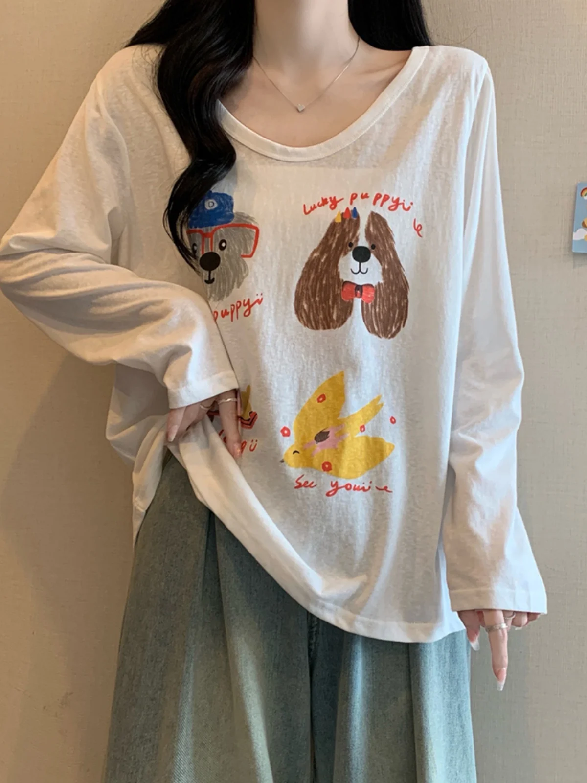 

plus Size Women's V-Neck Long Sleeve T-Shirt Dog Print Lazy Style Base Layer Top for Autumn Season Versatile Loose Fit Bottom...