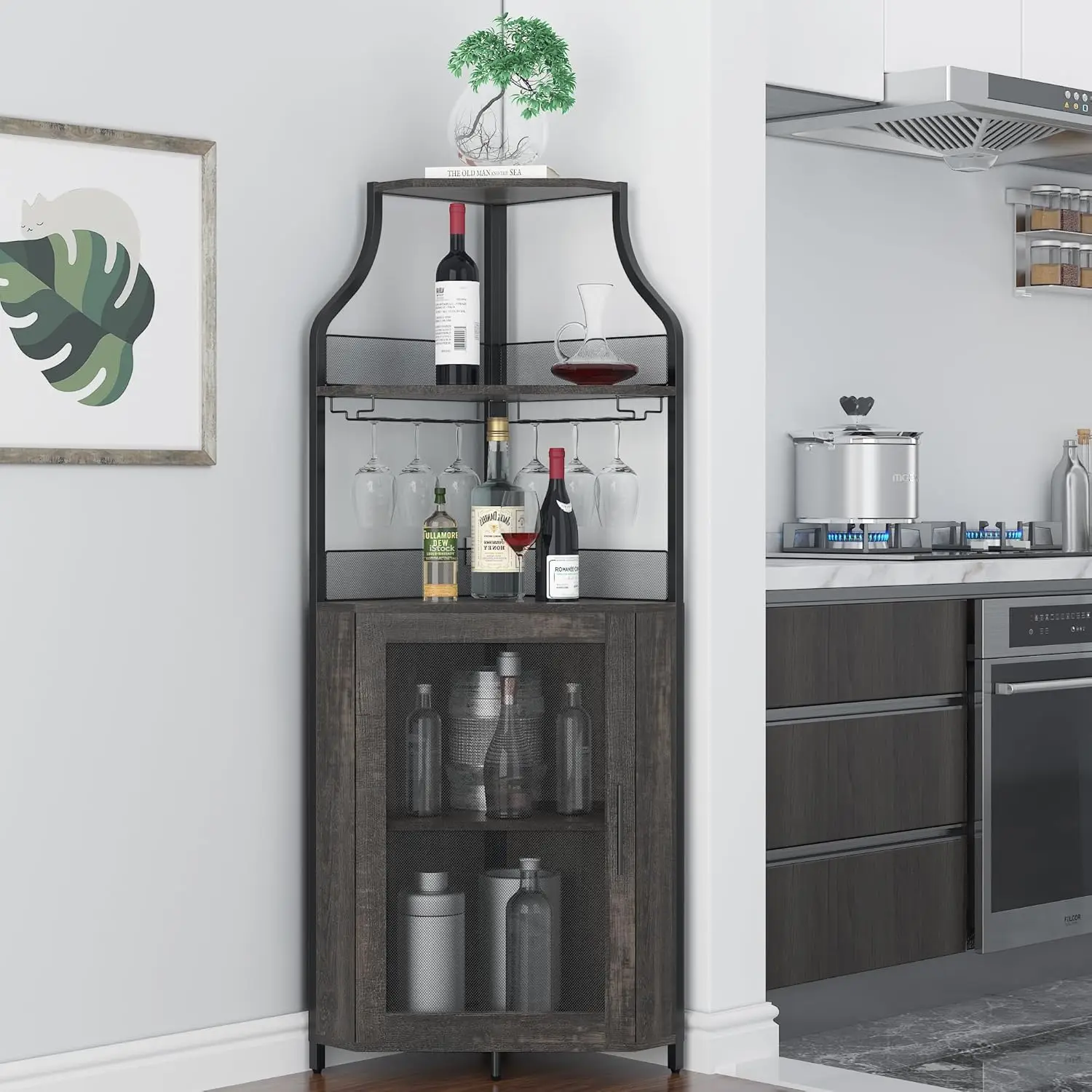 

Corner Wine Bar Cabinet with Detachable Wine Rack, Glass, Mesh Door, Spacious Storage - Freestanding Sideboard &, Customized