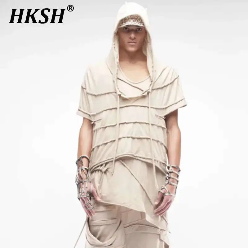 

HKSH Waste Land плиссированная свободная хлопковая футболка на молнии с капюшоном летняя Новинка Мужская модная тёмная уличная одежда в стиле панк HK1832