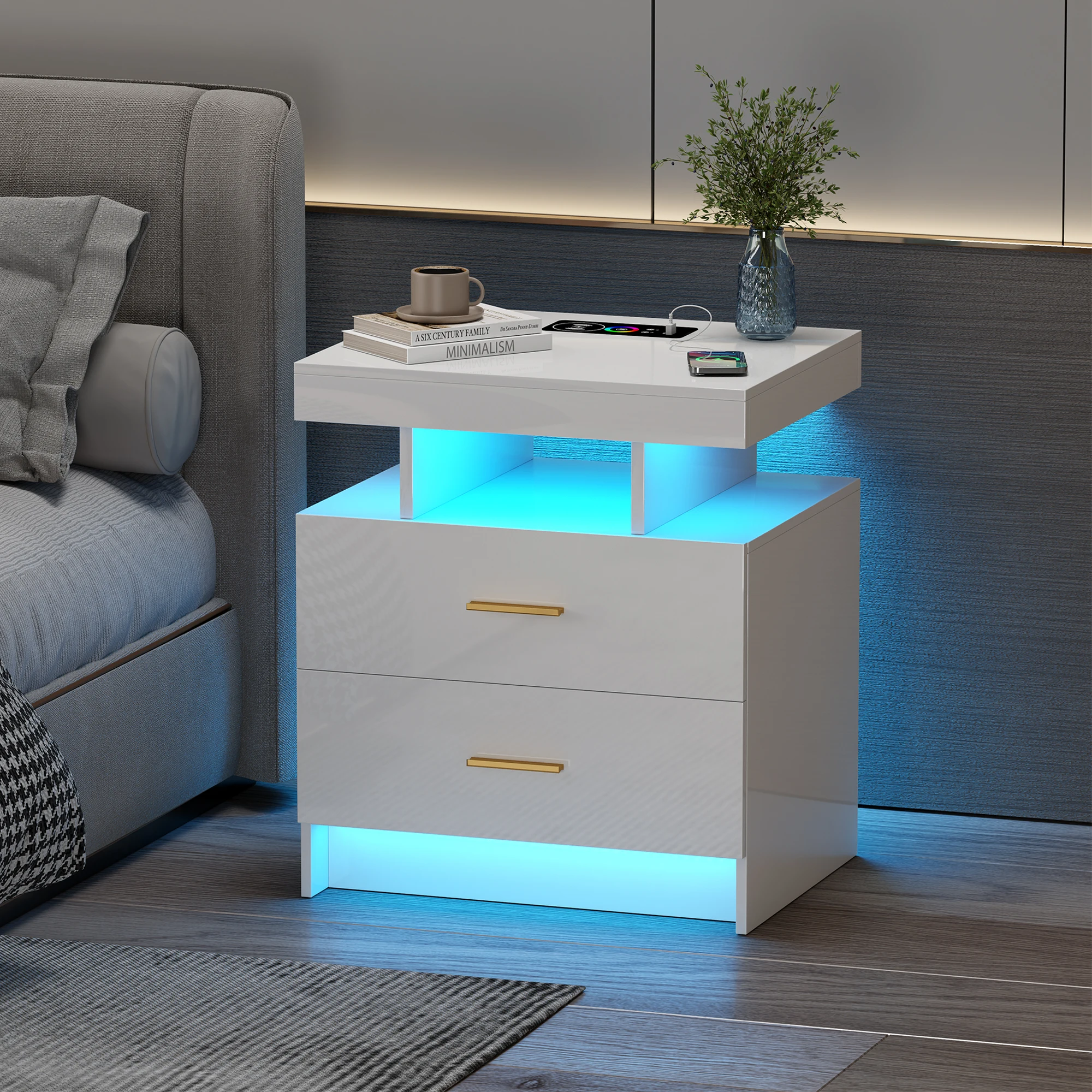 

JDPAG LED Nightstand, RGB Black Night Stand with USB/Wireless Charging Station, Modern Bedside Table has Auto Sensor RGB Lights