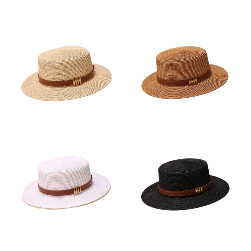 1 PC French Style Flat Top Straw Hat–Unisex Sun Hat for Summer Beach & Outdoor, Wide Brim Sunshade Fedora for All Seasons