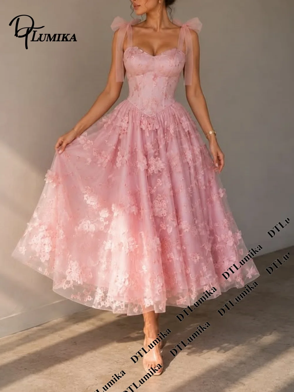 

Sweet Floral Lace Prom Dress for Women Bow Straps Shoulder A Line Mid-Calf Evening Dresses Wedding Guest Dress Customized Size