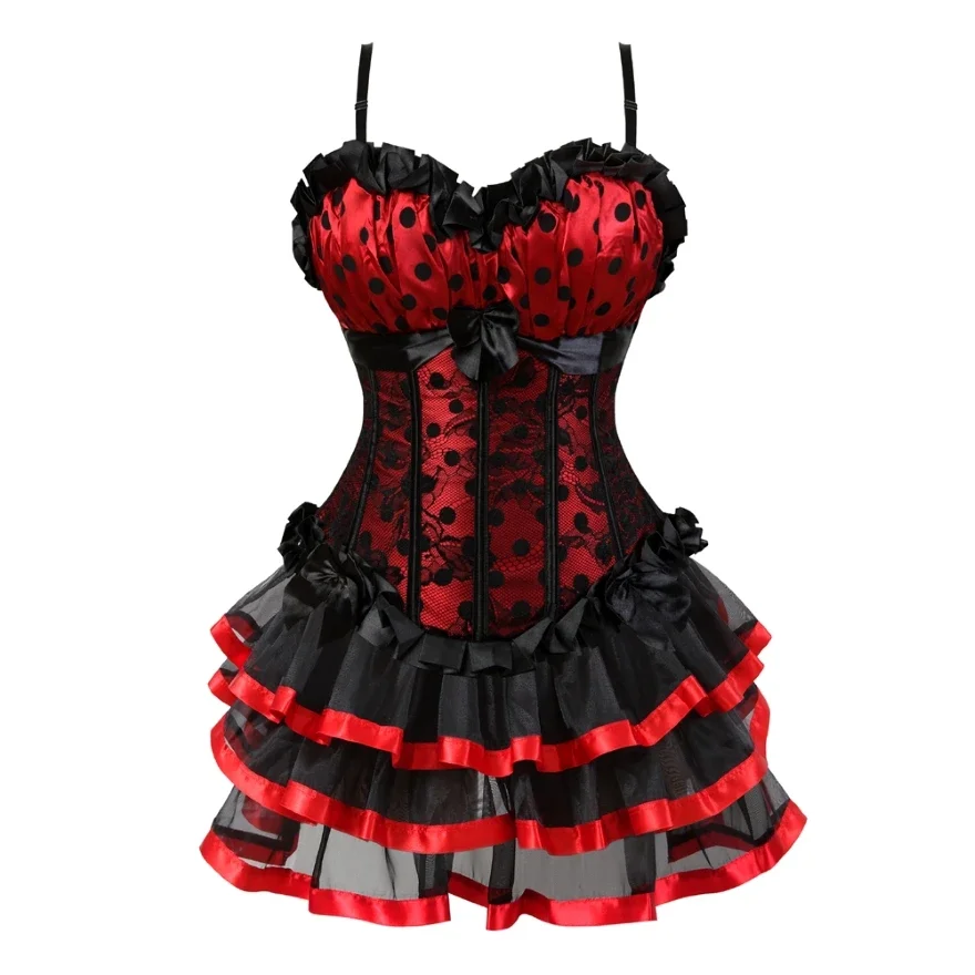 Women Sexy Side zipper Corset Skirt Set Print Dot Straps Overbust Corsets Dress and Mini Multilayer Mesh TulleTutu Skirt Set