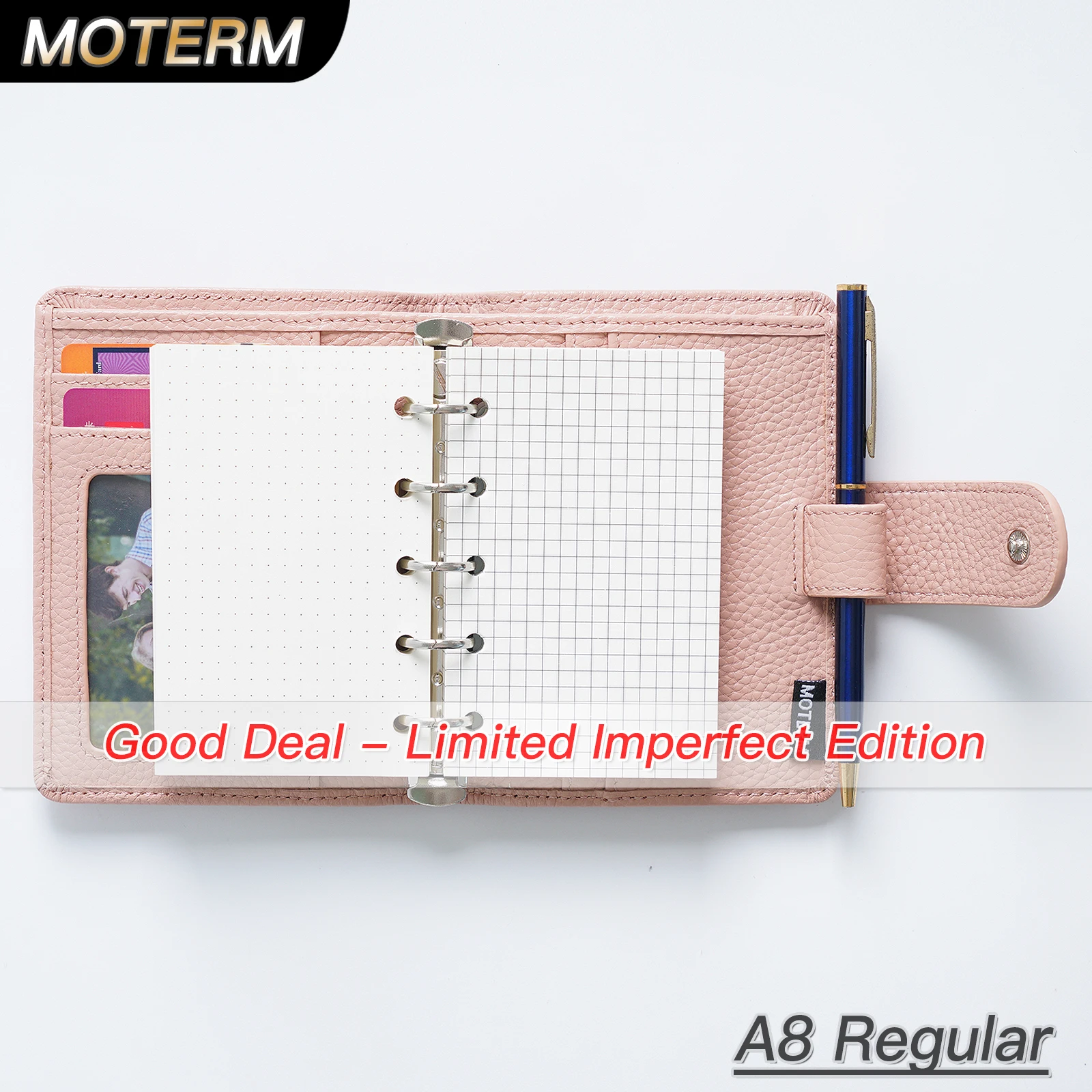 สมุดแพลนเนอร์แบบมีห่วง 5 รู ขนาด A8 รุ่น Limited Imperfect Moterm ปกหนังวัวลาย Pebbled Grain พร้อมออแกไนเซอร์แบบมีห่วง 15 มม.