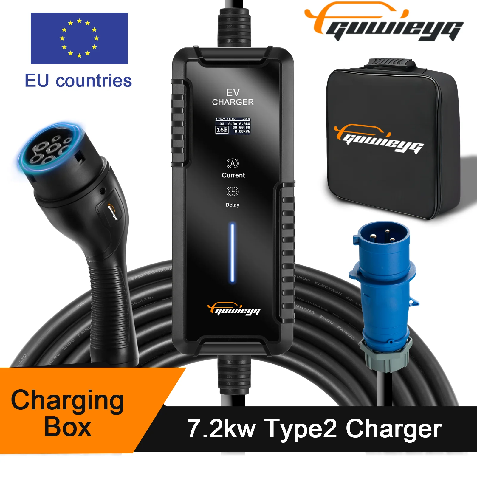 Electric Car EV Portable Charger 32A 7KW EVSE Charging Cable Type 2 IEC62196 CEE Plug Controller Wallbox Delayed Charging