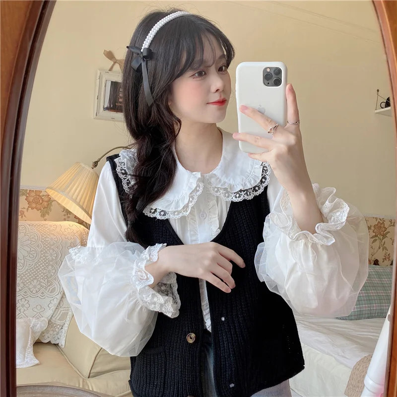 KOSAHIKI Jk Shirts Women Kawaii Peter Pan Collar Japanese Style Lolita White Lace Mesh Blouse Student Top Daily Sweet Fashion