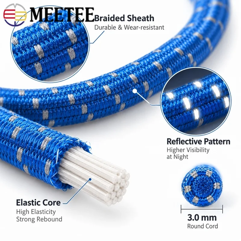 Cordon élastique rond réfléchissant de 3 mm, 10/20 m, corde extensible pour couture, couture de vêtements, cordon de serrage, ceinture, sac, accessoires de bricolage