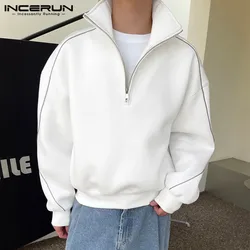 INCERUN Tops 2023 Korean Style New Mens Casual Zipper Half High Neck Design Sweater Fashion Street Solid All-match Sweater S-5XL