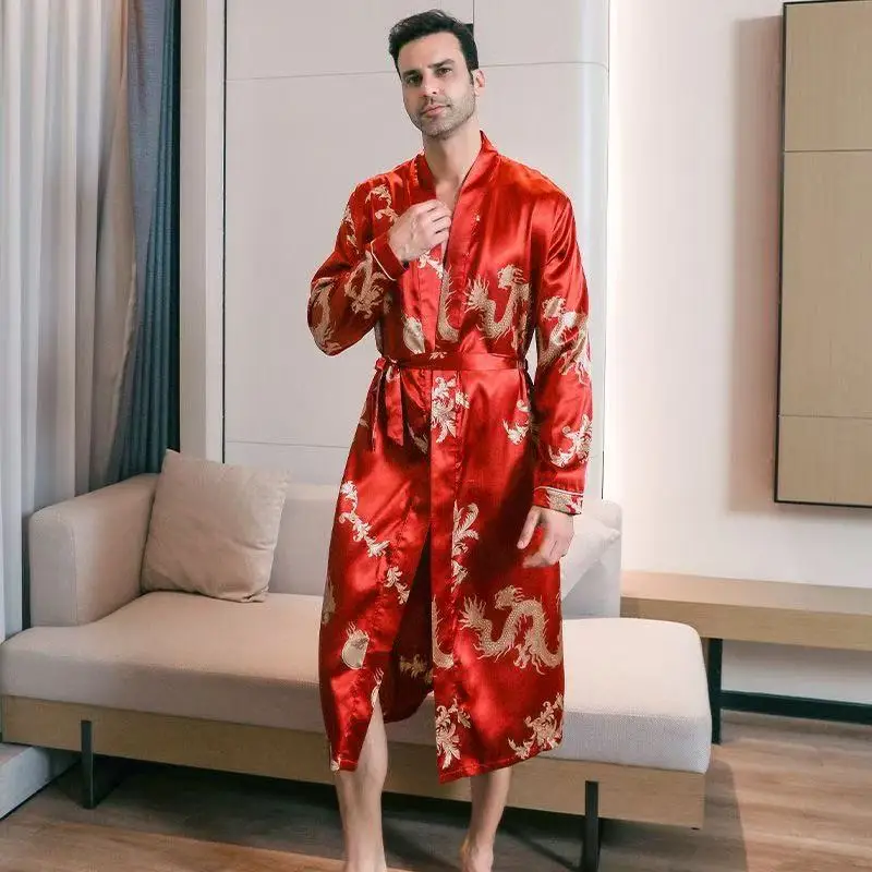 

Classic Men's Dragon Pajamas Four Seasons Breathable Long Sleeve Nightwear Sexy Festive Red Couples Homewear Robe Large Male