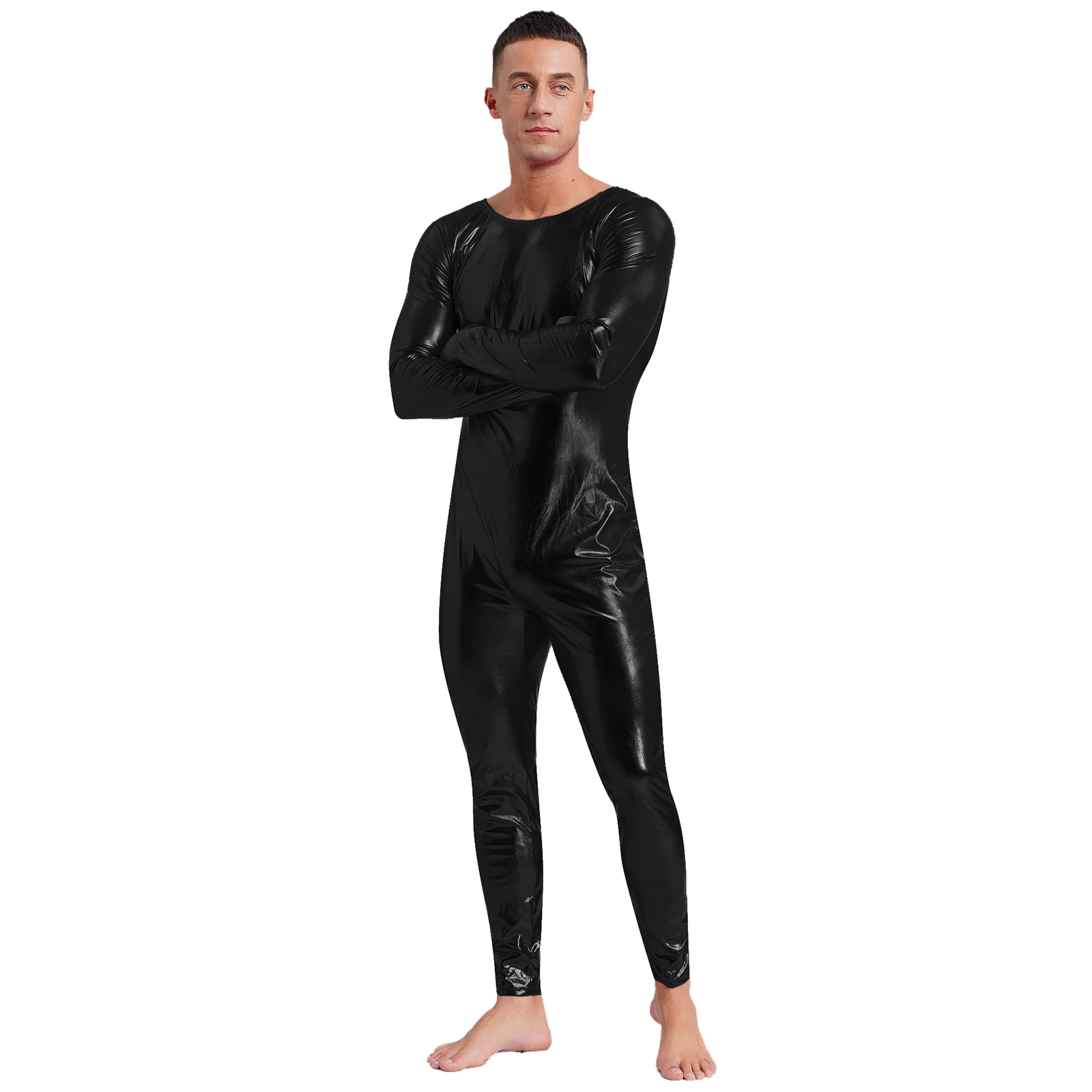 

Men Metallic Shiny Skinny Unitard Romper Round Neck Long Sleeve Slim Fit Full Body Bodysuit One-piece Leotard Jumpsuit Underwear