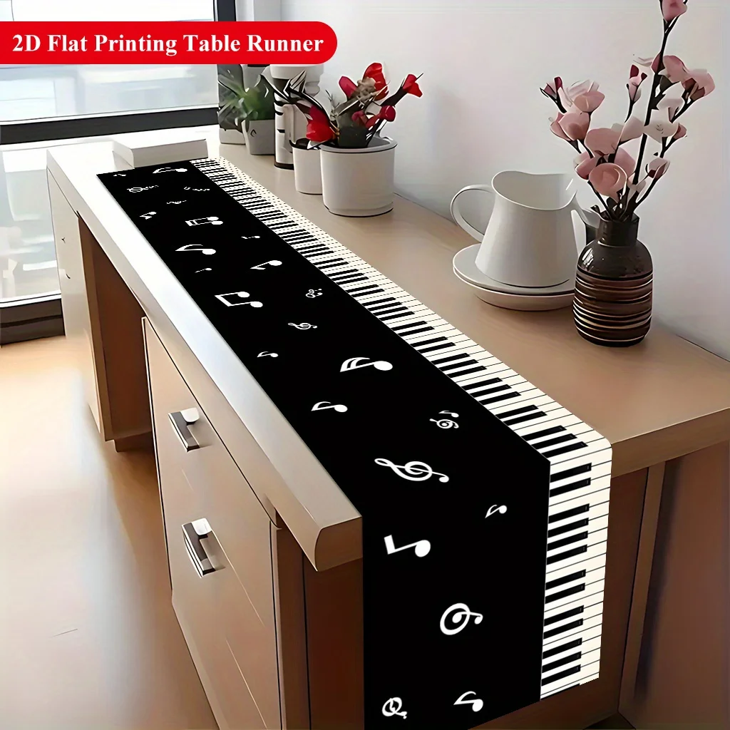 1pc 2D Flat Table Runner, Piano Keys and Music Notes Printed Rectangle Table Runner, Decor for Dining Table, Coffee Table
