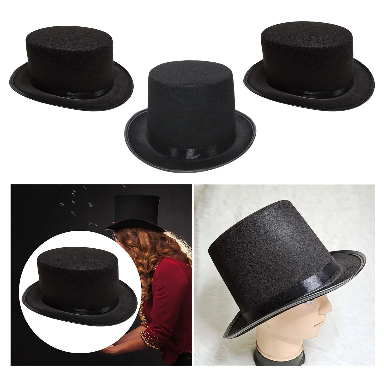 Czarny filcowy cylinder Fedoras dla dorosłych Unisex Formalne czapki kostiumowe z satynową opaską Funky Fancy Dress Czapki imprezowe na festiwal