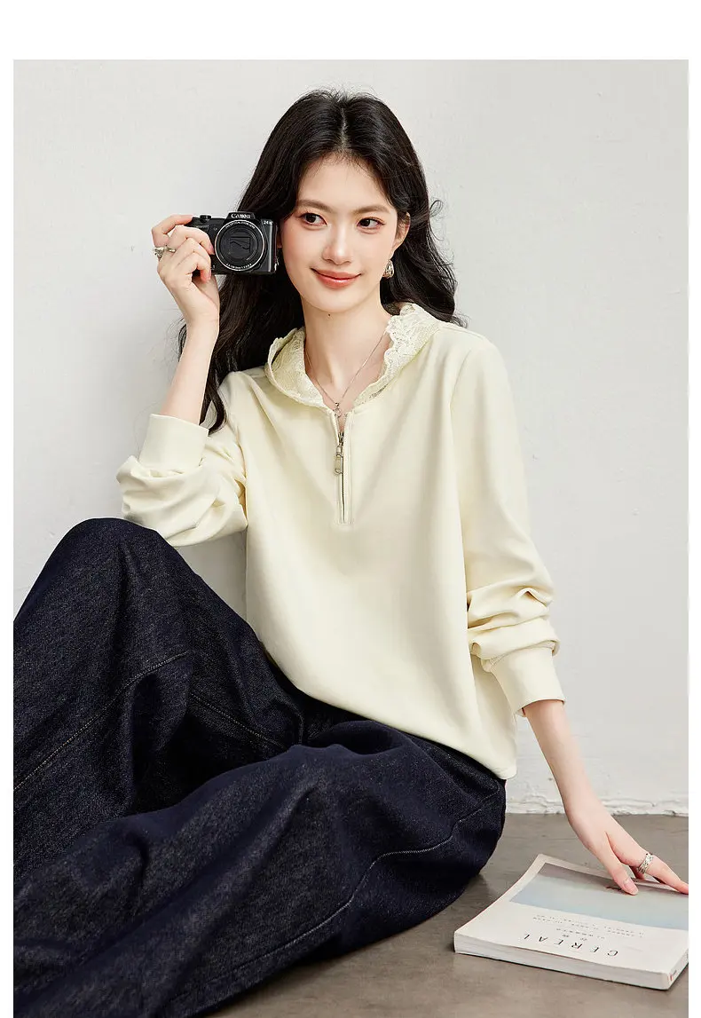 VIMLY Women's Hooded Sweatshirt 2026 Autumn Elegant Lace Trim Splicing Casual Pullover Fashion Long Sleeve Top Ladies A7628