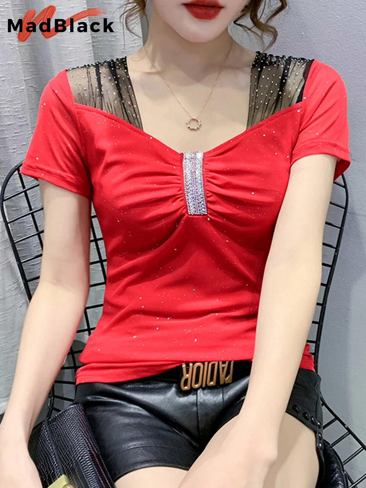 MadBlack Summer European Clothes Casual T-Shirt Sexy Chic Spliced Diamonds Women Tops Short Sleeve All Match 2022 Tees T24213X