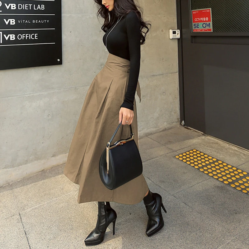 MEXZT High Waist Bow Skirts Women Korean Fashion Solid Big Swing Female A Line Midi Skirts Elegant All Match Slim Skirts