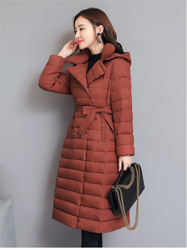 

With Belt New Autumn Winter Warm Thicken Cotton-Padded Jakcet Women Hooded Down Cotton Coat Ladies Long Quilted Parkas Outwears