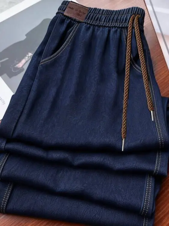 Retro Denim Look Wide Leg Casual Pants Thin Summer Loose Straight Tube Women's Trousers High Waist Polyester Fiber