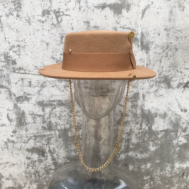 European and American fedora  hats woollen hats catwalk hats French wool felt hats Chain Strap Felt Canotier Hat