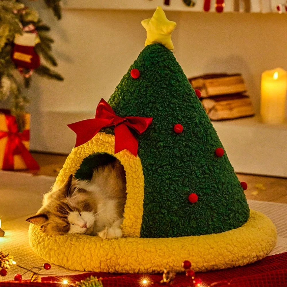 

Customizable Christmas Tree Triangle Nest Cat and Dog Nests Semi Closed Cats Hole Christmas Sock Nest New Year Pet Warm Bed Pets