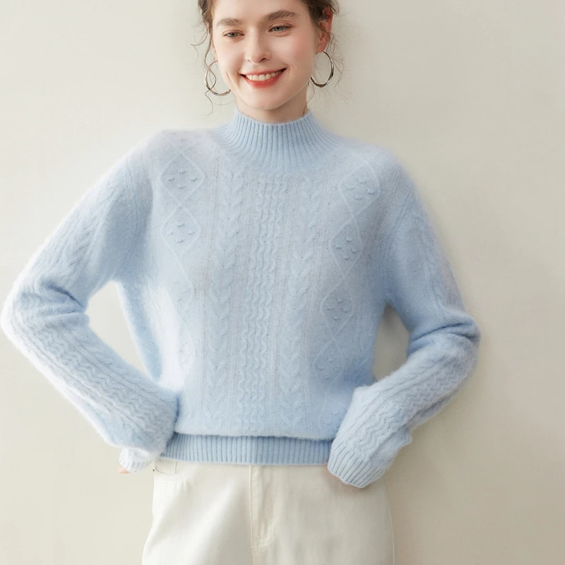 

2025 Fashion Women's 100% Cashmere Sweater Mock Neck Long Sleeve Pullover Cable Knitting Autumn Winter Thick Soft Clothing Tops