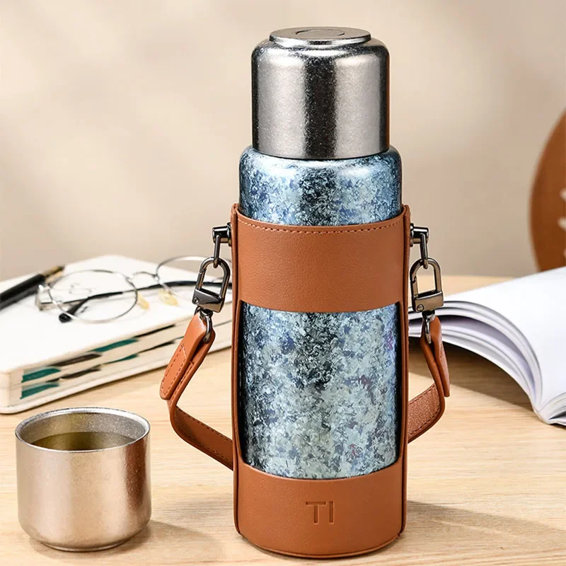 Sports Thermos Cup For Travel Camping,Pure Titanium Vacuum Flasks,Drinkware,Large Capacity Water Bottle With Back Strap,520ml