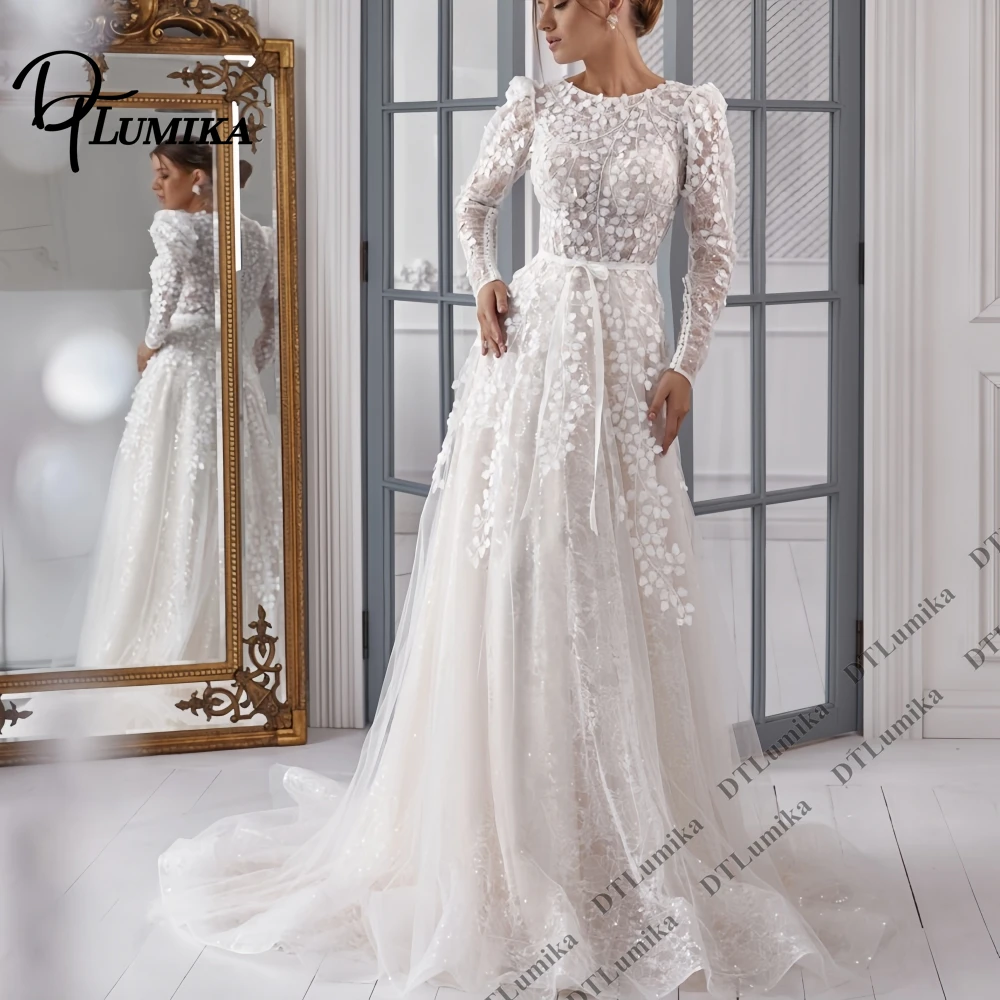 

DTLumika Customized Leaf Lace Bride Dress Full Sleeves A Line Long Wedding Dresses Classic O Neck Long Bridal Gown for Wedding
