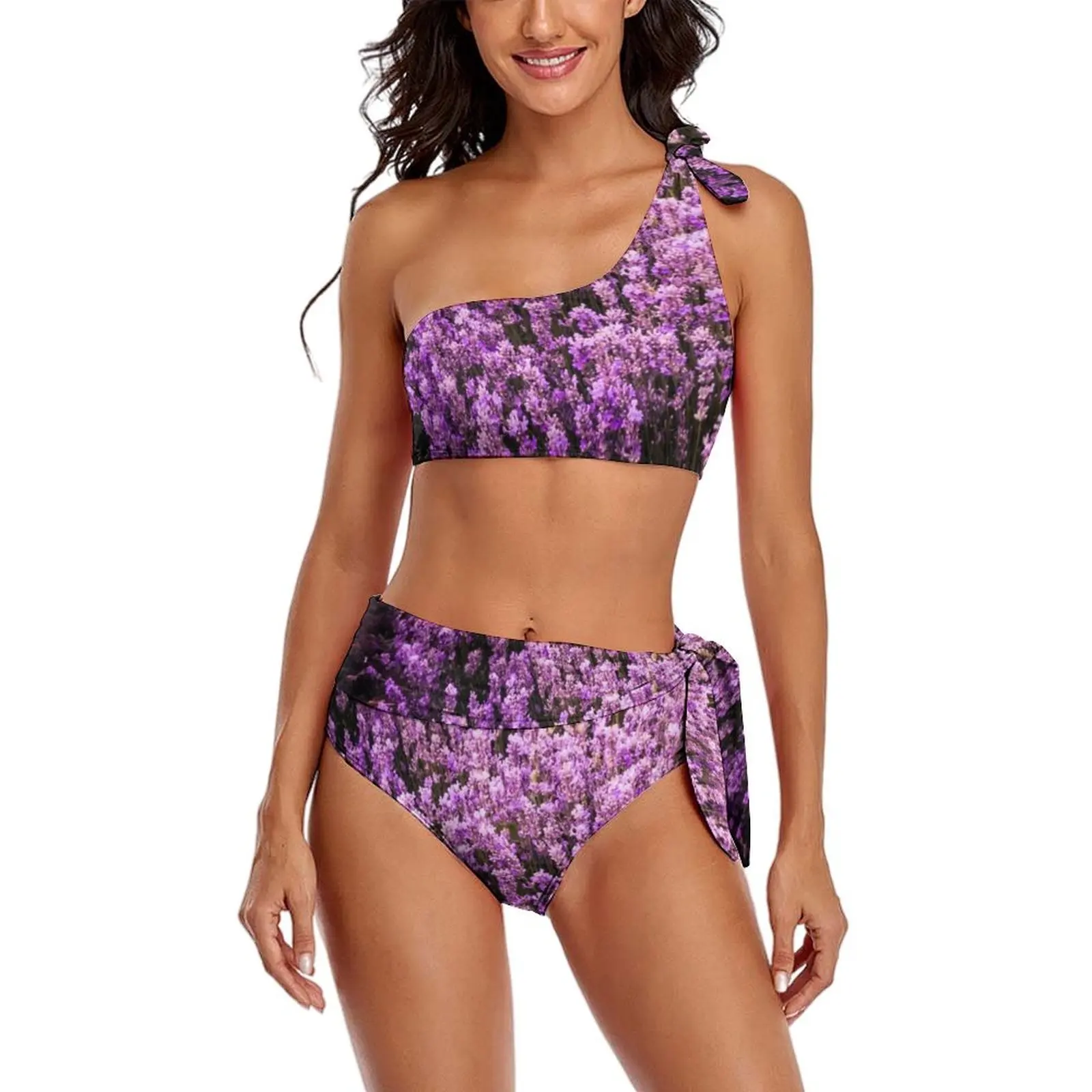 

Sexy Pretty Lavender Field Bikinis Set Purple Floral Print Stylish Bikini Swimsuit High Waisted Swimwear Fitness Bathing Suit