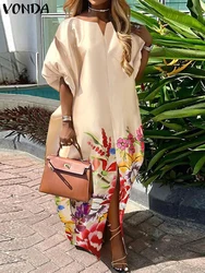 VONDA Bohemian Maxi Long Dress Women Satin Silk Sundress Elegant Summer Half Sleeve V Neck Vestidos Oversized Casual Loose Robe