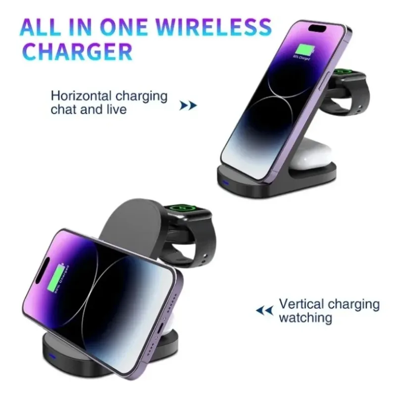 Durable 3 In 1 Wireless Charger Stand Fast Charging Dock Station for Smart Phone Watch Earbuds Multi-Function Desktop Home Use