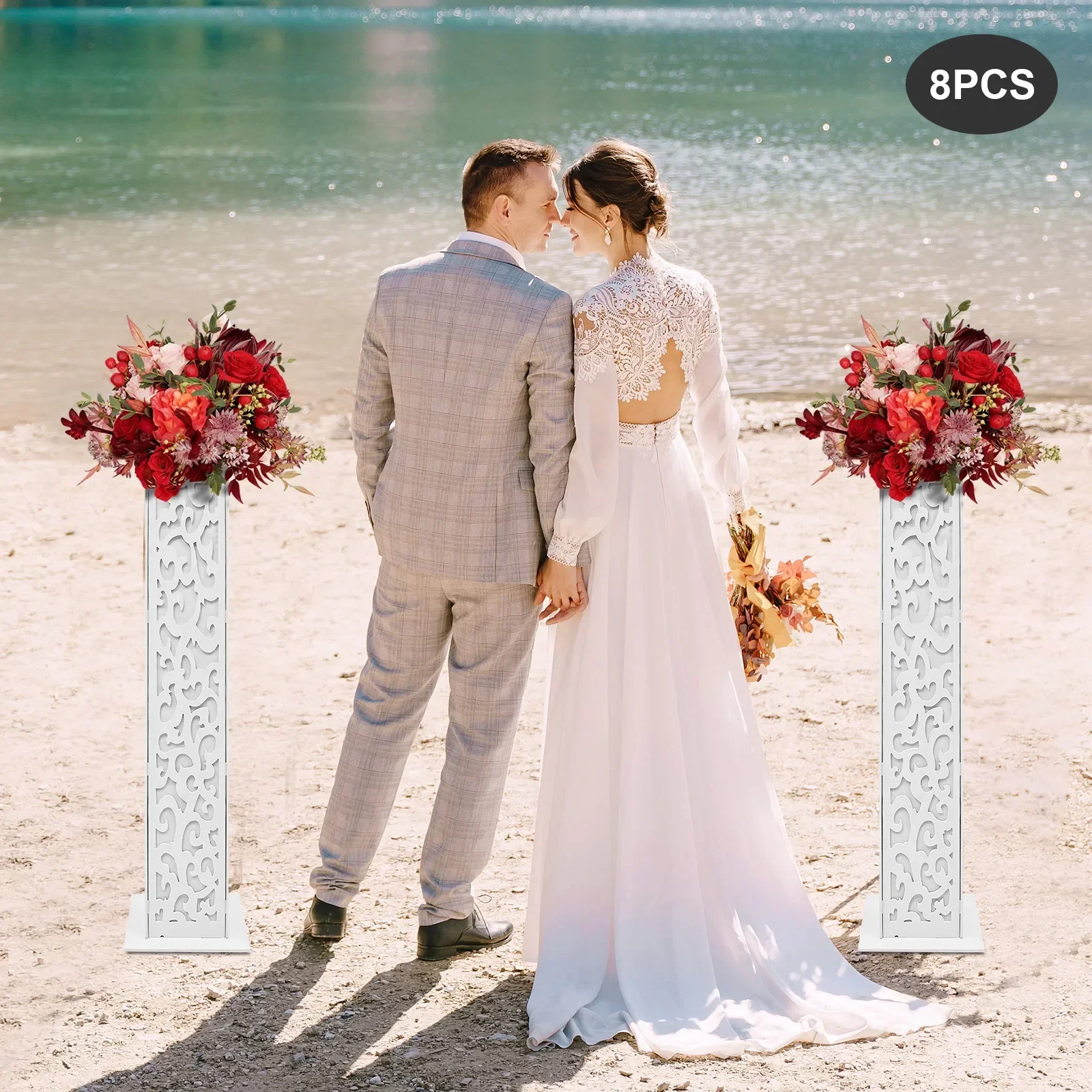

White 47.2 Inch Tall Wedding Column Carved Pillar,Decoration Flower Stands with LED Lights, PVC Roman Columns Set 8PCS