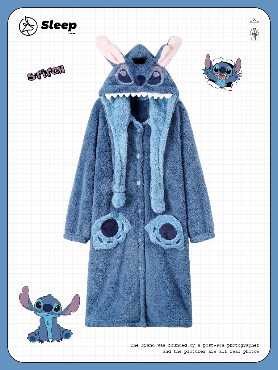 

Stitch Coral Velvet Robe Set for Couples Cute Stitch Design Thick Medium Long Pajamas for Women Autumn Winter Home Clothes