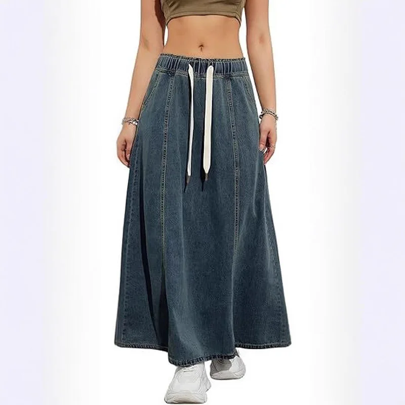European and American independent station, American design, elastic waist, loose skirt, denim skirt, women's casual long skirt