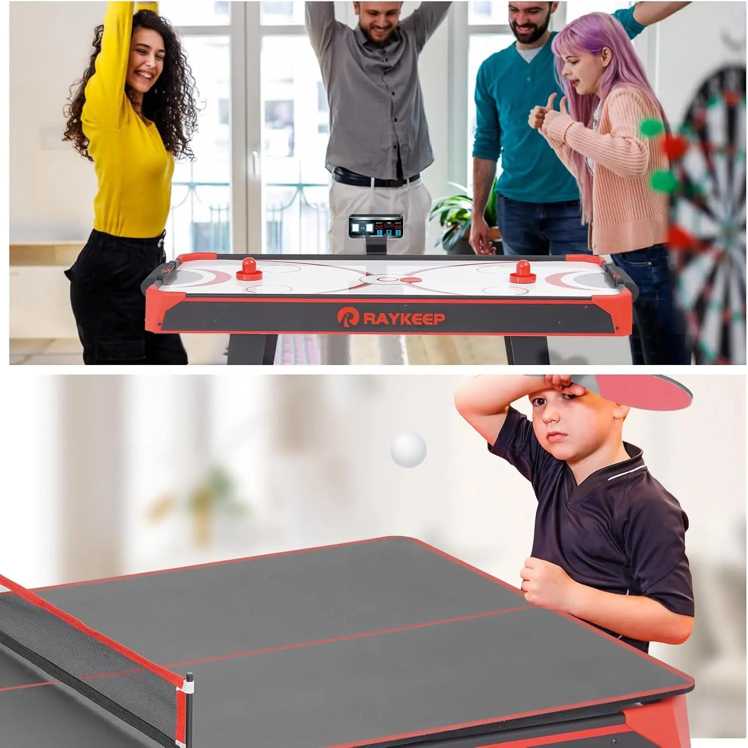 Multi Game Tables, 2-in-1 Air Hockey Table with Table Tennis Top Indoor Arcade Gaming Set with Pushers, Pucks, Paddles and Balls