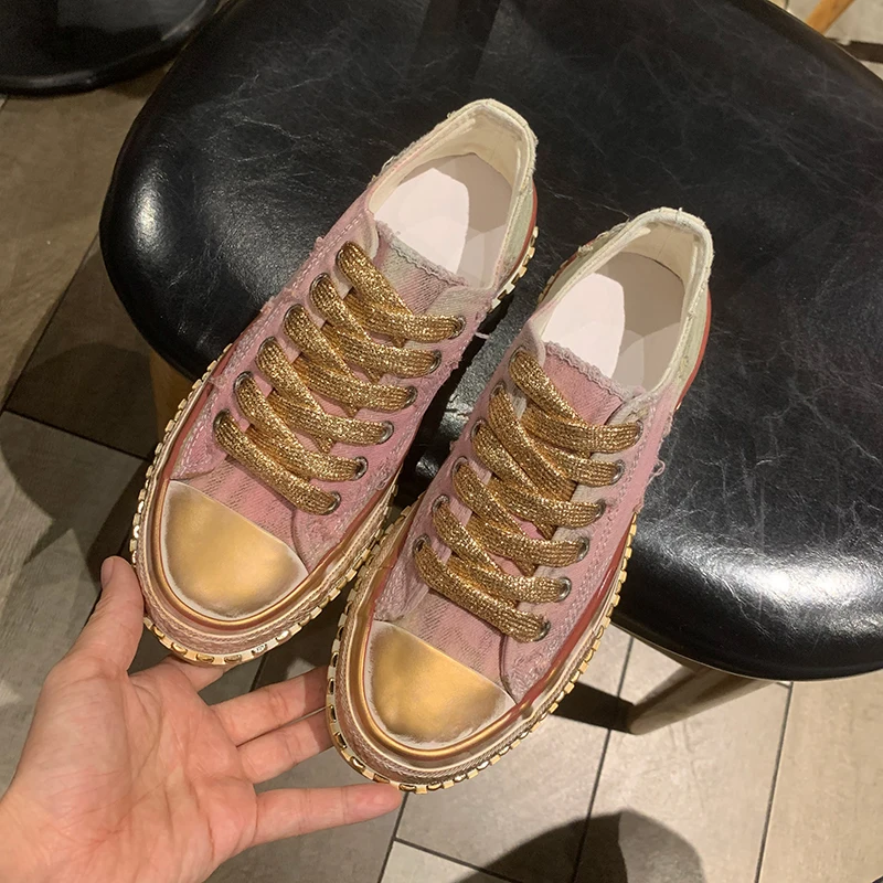 

4CM New Women's Gradient Pink Platform Canvas Sneakers Lace-up Comfortable Shoes Fashion Outdoor Multi-functional Canvas Shoes