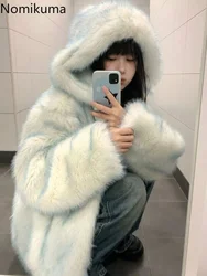 Sweet Furry Jackets for Women Winter Clothing Fashion Gradient Thicked Outwear Hooded Warm Korean Coat Y2k Tops 2024 Ropa Mujer