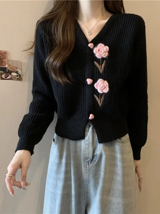 

Retro Heavyweight Knitted V-Ne Open Cardigan ort Women's Sweater Jaet Rose Pattern Slimming Top for Autumn Winter