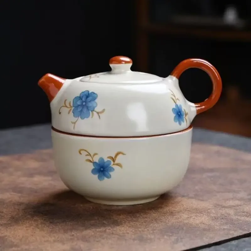 

Ru Kiln Travel Tea Set, Portable One Teapot and One Tea Cup Set, One-Person Ceramic Tea Brewing Set