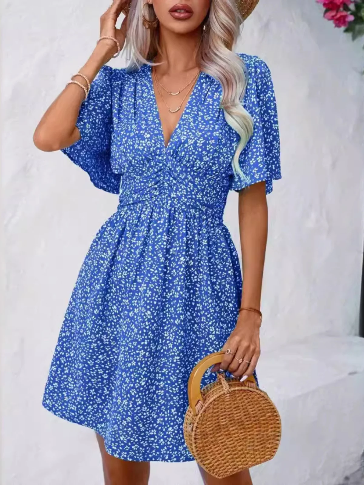 Ele Floral Vaion Sle Dr Deep V Ne Summer Gored Sve Dr Tela de poliéster Falda acampanada ort Sve