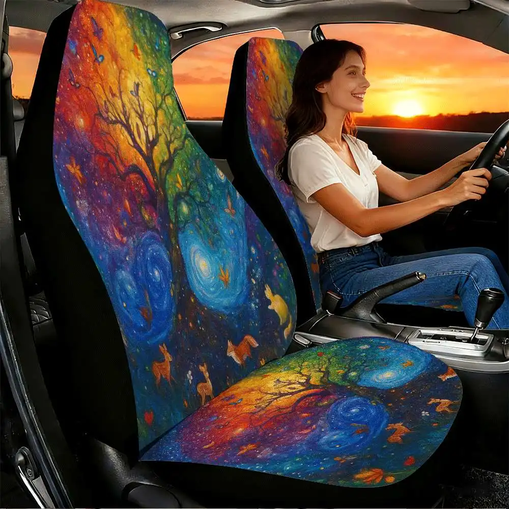 2pcs Enchanted Rainbow Tree With Butterflies And Forest Animals Car Seat Covers Suitable For Front Seats, High Back Design, Mate
