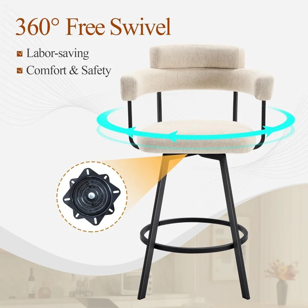 Kursi Bar Tinggi Konter Putar 26'', Bangku Konter Modern dengan Punggung Bulat, Kursi Bar Berlapis Linen dengan Pijakan Kaki Bulat untuk