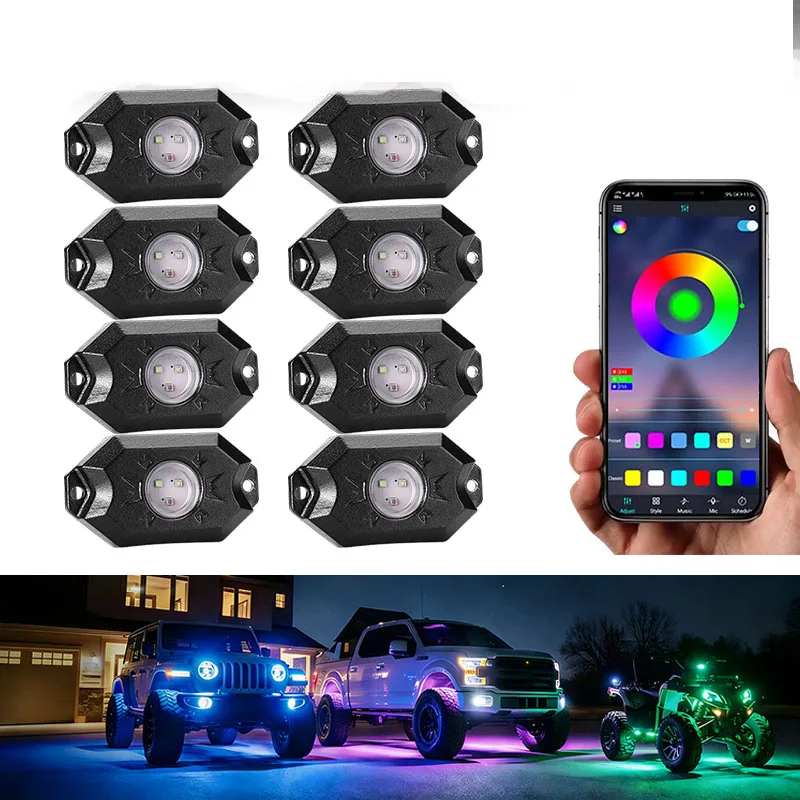 8 pods set RGB LED Rock Lights Timing Function Music Mode Multicolor Neon LED Light for ATV UTV Boat off-road Motorcycle