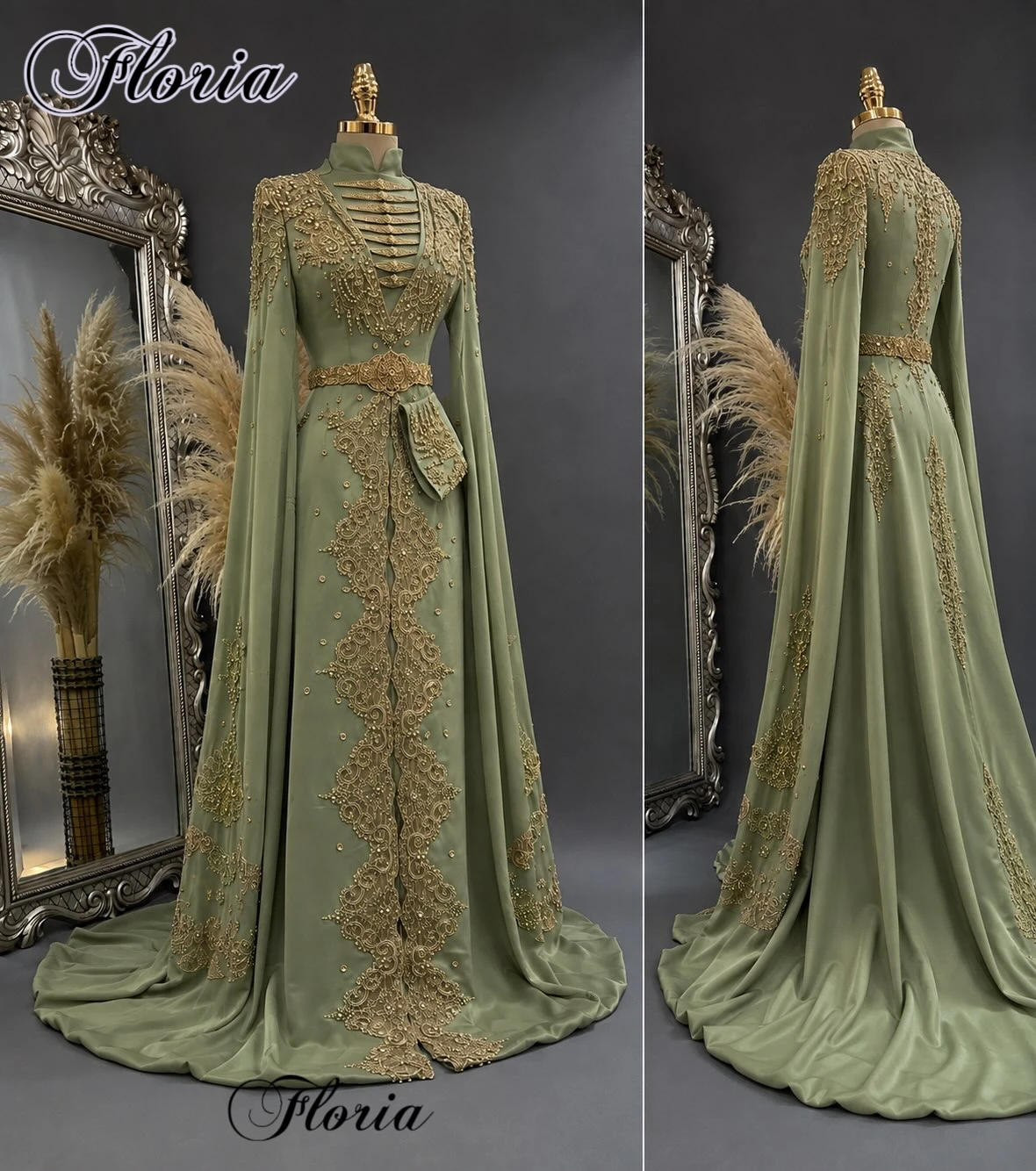 Middle East Sage Green Evening Dresses With Gold Appliques High Neck Turkey Coutures Party Dresses Robes De Soirée Customized