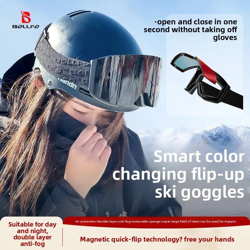 

BOLLFO Flip-Up Ski Snowboarding Goggles Photochromic Anti-Fog Snow Glasses Woman Magnetic Cylindrical Antiparras Snowboard Man