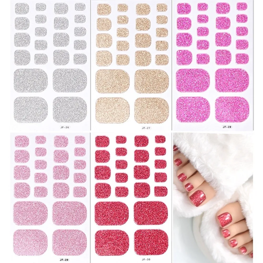 22tips/Sheet Gradient Glitter Toe Nail Stickers Solid Color Shimmer Finish Waterproof Full Cover Nail Wraps