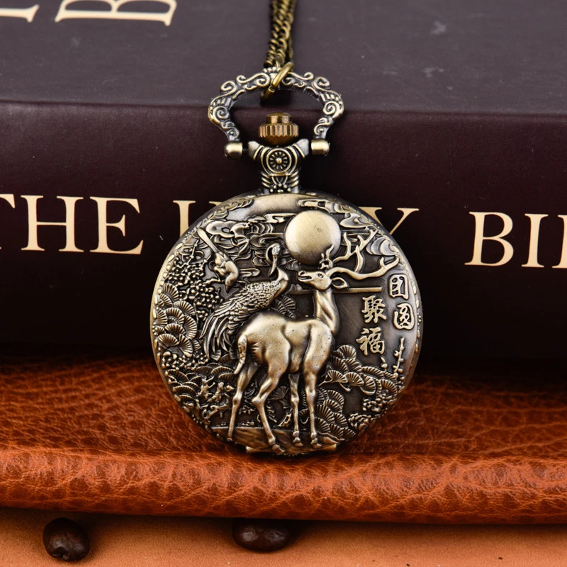 

Retro Deer Quartz Pocket Watch Arabic Numeral Necklace Chain Clock Dropshipping