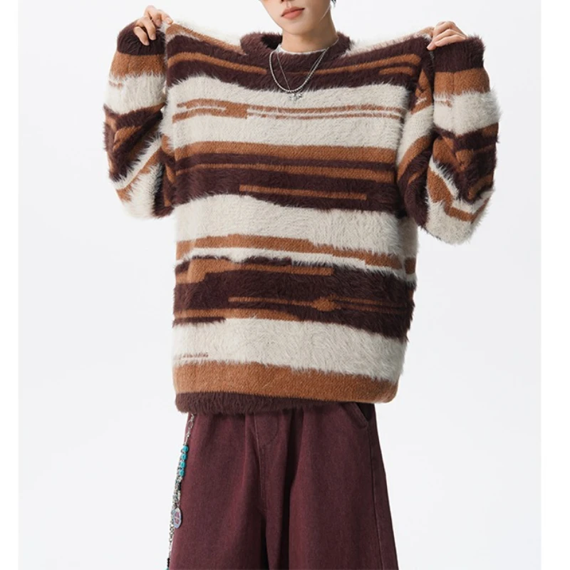 Bild 4: Herrenmode Fuzzy Gestreifter Pullover Lässiger lockerer warmer Strickpullover Top für Herbst Winter Streetwear