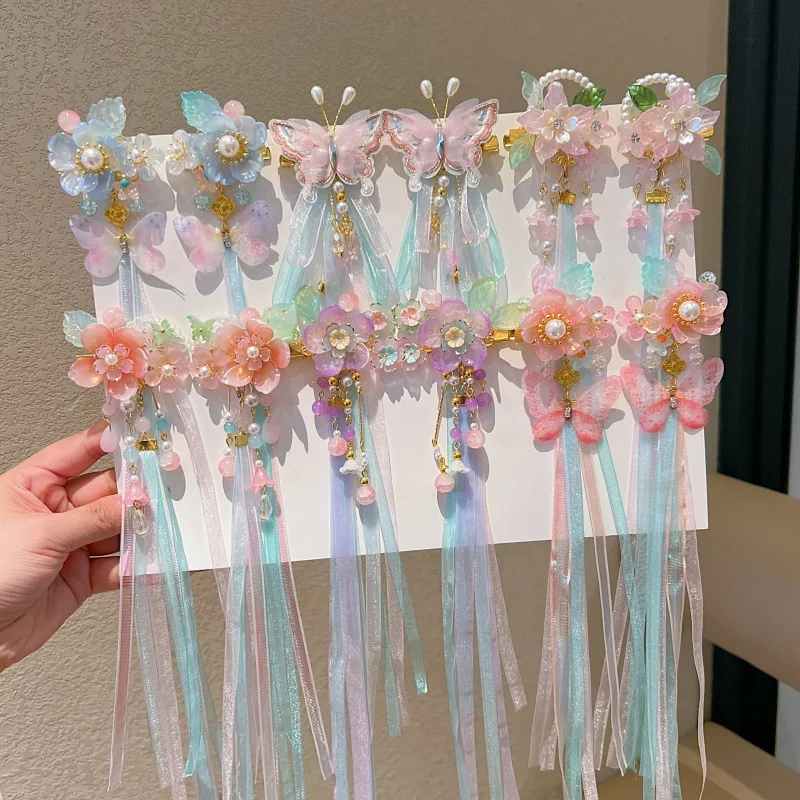 Girls Pink Hair Accessories Blue Ribbon Long Tassel Hairpins Crystal Beads Peals Flower Hair Clips Retro Chinese Hair Jewelry